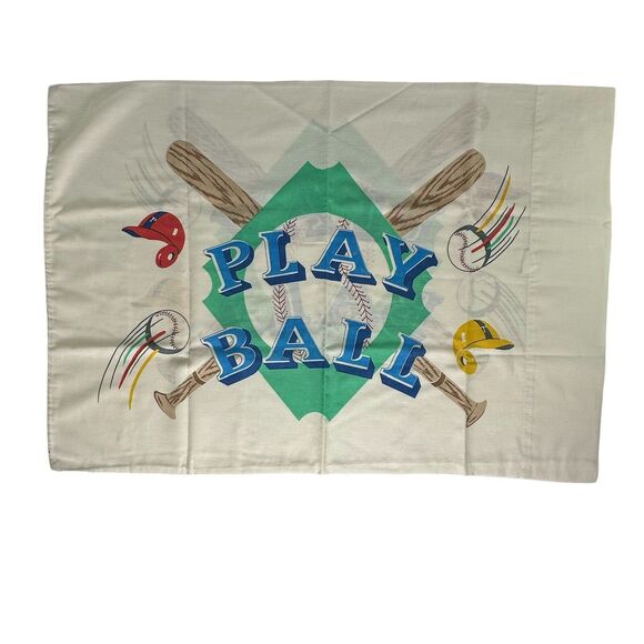 Vintage Play Ball Baseball Pillowcase 29" x 20 " Bat Helmet USA - Picture 1 of 9